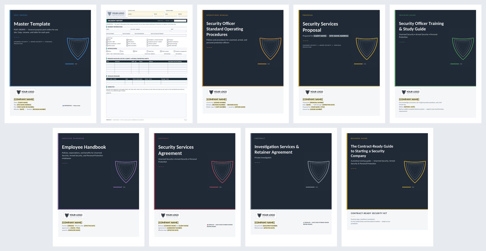 Cover pages from the kit: post orders, incident report, SOP binder, proposal, training guide, Employee Handbook, Security Services Agreement, PI retainer agreement and a business guide