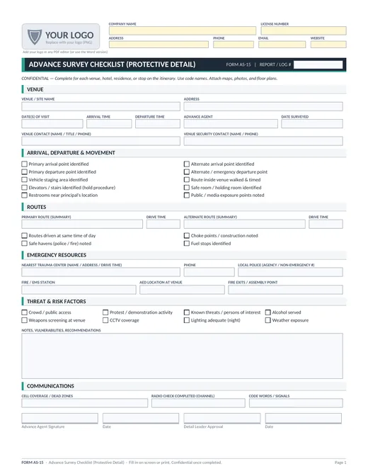 Personal protection advance survey checklist