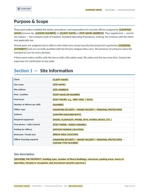 Armed post orders page