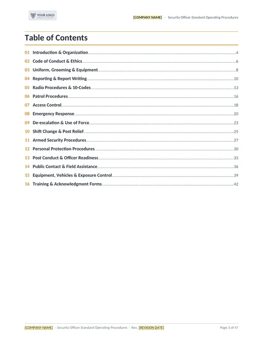 SOP binder table of contents