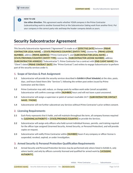 Subcontractor agreement page